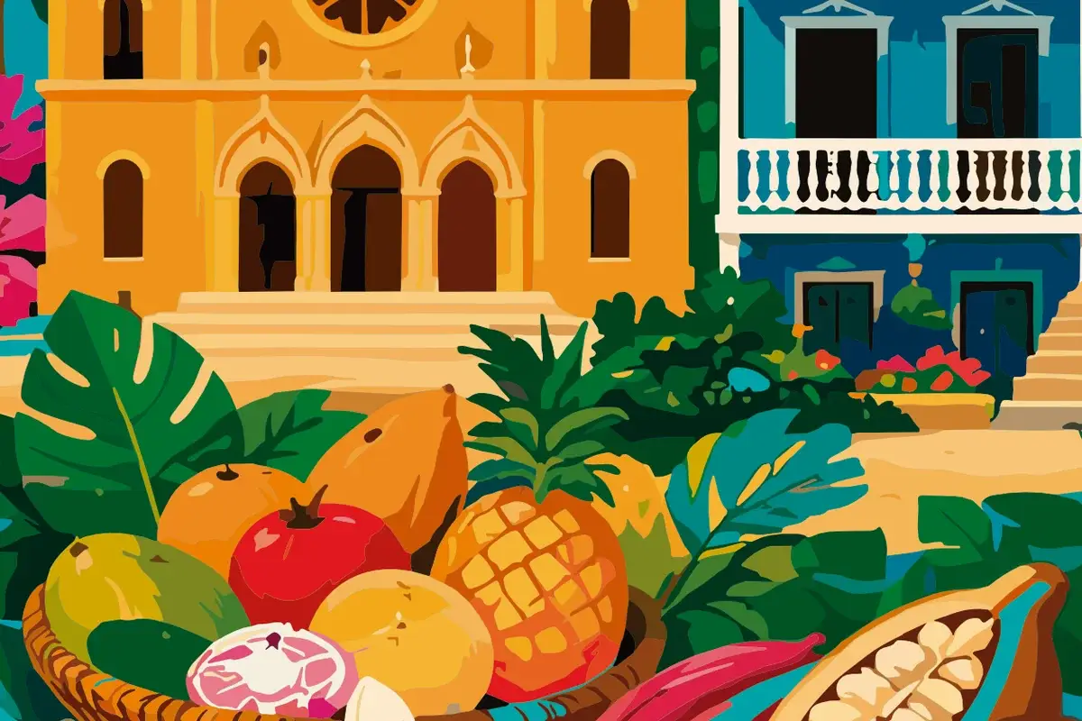 Illustration of a basket of tropical fruit with pineapple, mango and cacao