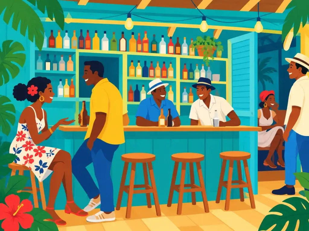 Illustration of friends at a Dominican colmado bar