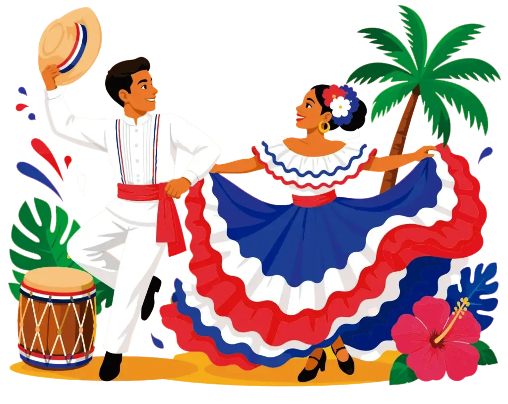 Illustration of a couple dancing merengue next to a tambora drum