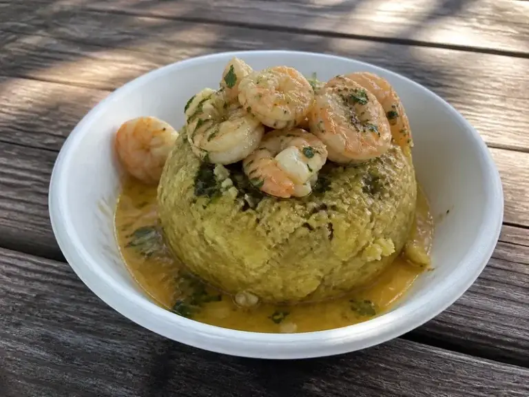 Garlic shrimp mofongo topped with shrimp in garlic butter sauce